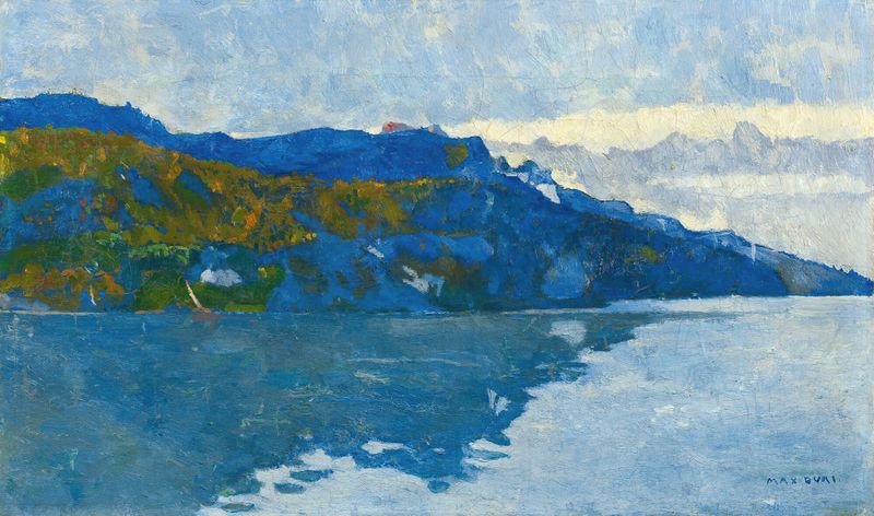 Lake Brienz de Max Buri, pintura al óleo que representa un paisaje tranquilo con azules y verdes profundos.
