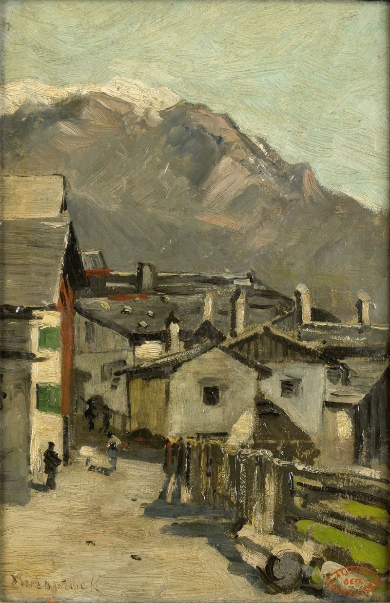 Houses along a road near a mountain, oil painting by Geo Poggenbeek