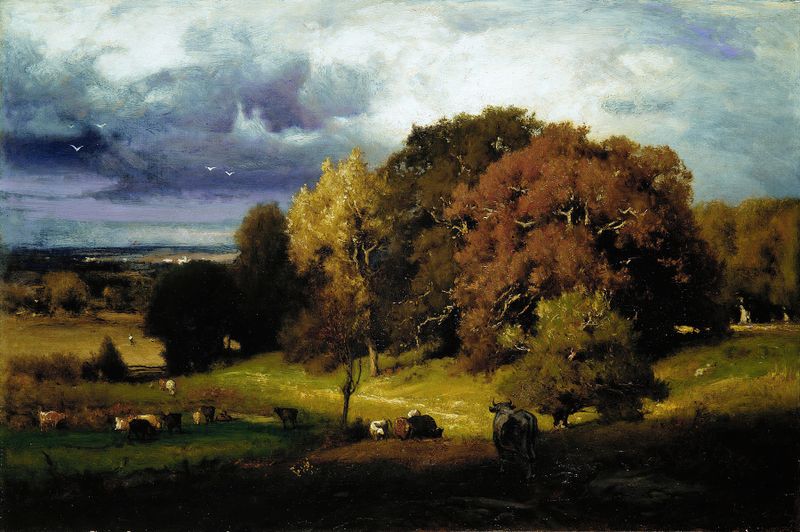 Autumn Oaks de George Inness, óleo sobre lienzo, con robles dorados y luz solar en un paisaje tranquilo