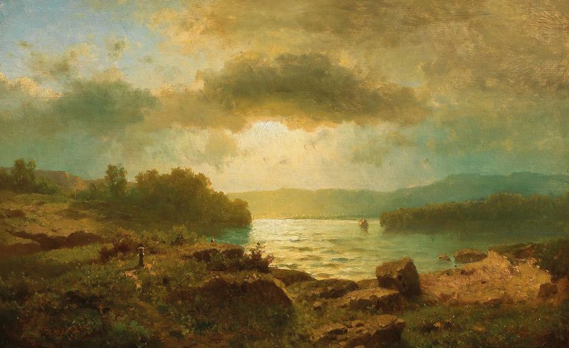 Pôr do sol em um lago, óleo sobre tela de Adolf Chwala, com tons quentes e águas tranquilas.