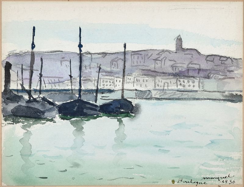 Boulogne-sur-mer, bateaux dans le port de Albert Marquet, pintura a óleo que mostra barcos em um porto.