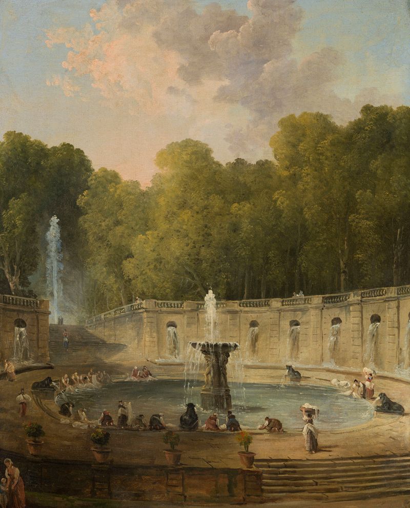 Lavandières dans un parc, óleo sobre tela de Hubert Robert mostrando mulheres em um parque.
