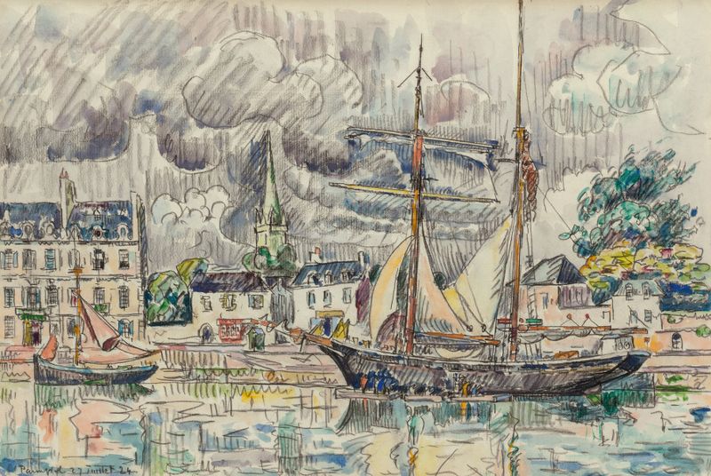 Le port de Paimpol de Paul Signac, óleo sobre tela mostrando barcos no porto com velas.