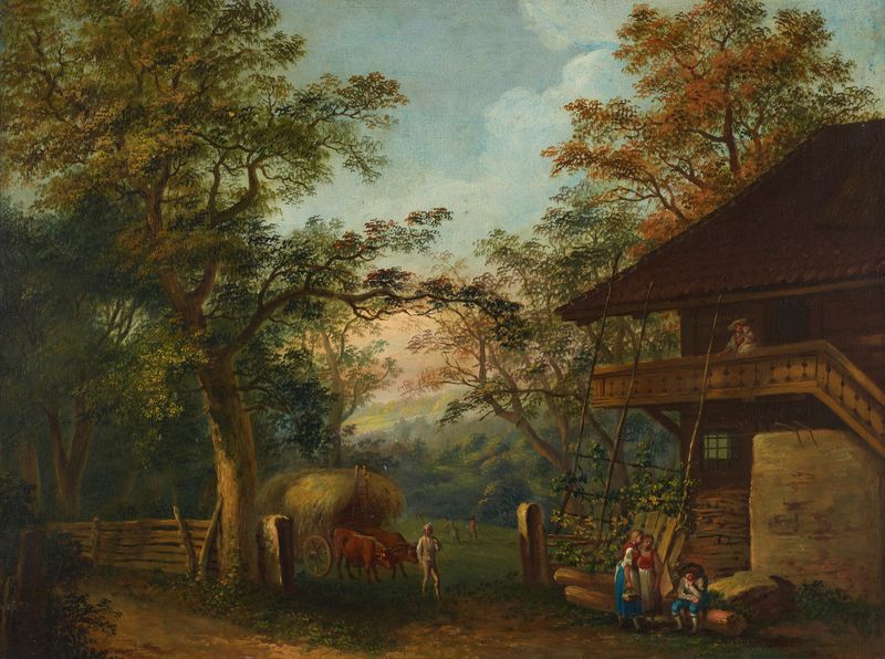 Cena de gênero representando agricultores em tons terrosos, pintura a óleo de Franz Niklaus König