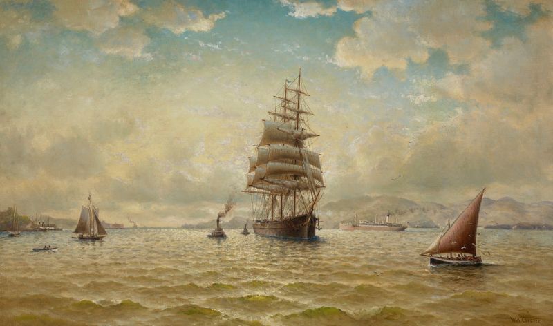 Pintura a óleo de William Alexander Coulter mostrando barcos à vela na Baía de San Francisco.
