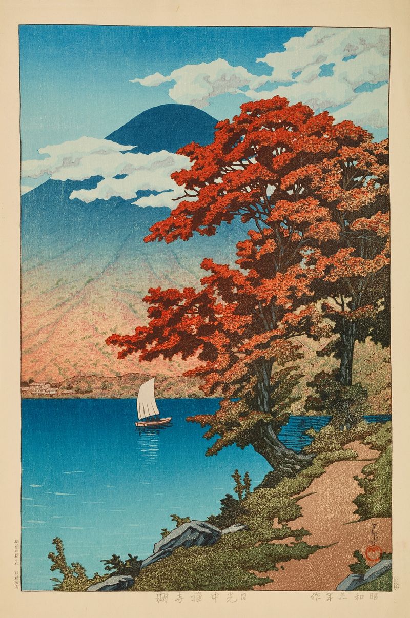 Lago Chuzenji em Nikko, xilogravura de Kawase Hasui