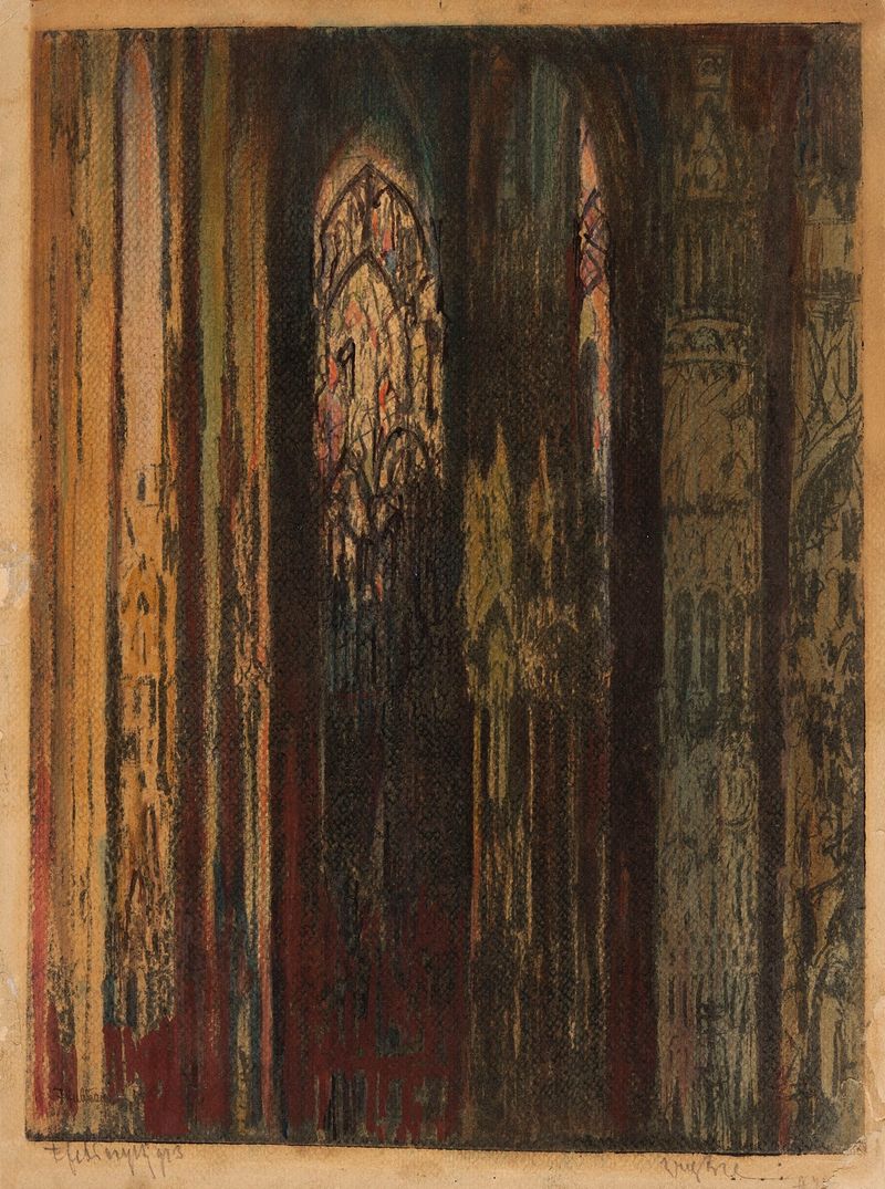 Obra em vitral de Feliks Jabłczyński retratando um interior de igreja com cores e padrões vibrantes.
