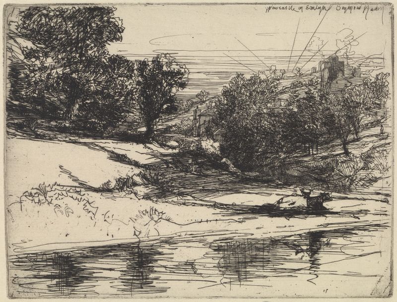 Grabado de Francis Seymour Haden que representa un paisaje fluvial tranquilo con follaje