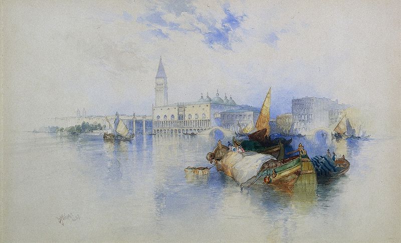 Basin of San Marco de Thomas Moran, óleo sobre lienzo que representa un paisaje tranquilo al atardecer con reflejos en el ...
