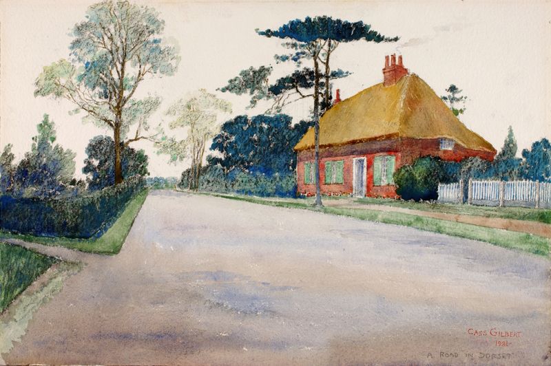 A Road in Dorset de Cass Gilbert, que representa un camino sinuoso en un paisaje exuberante, pintura al óleo.