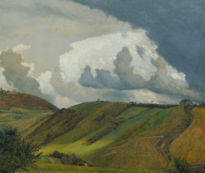 Paisaje que muestra un cielo tormentoso y campos, pintura al óleo de Emanuel Baschny