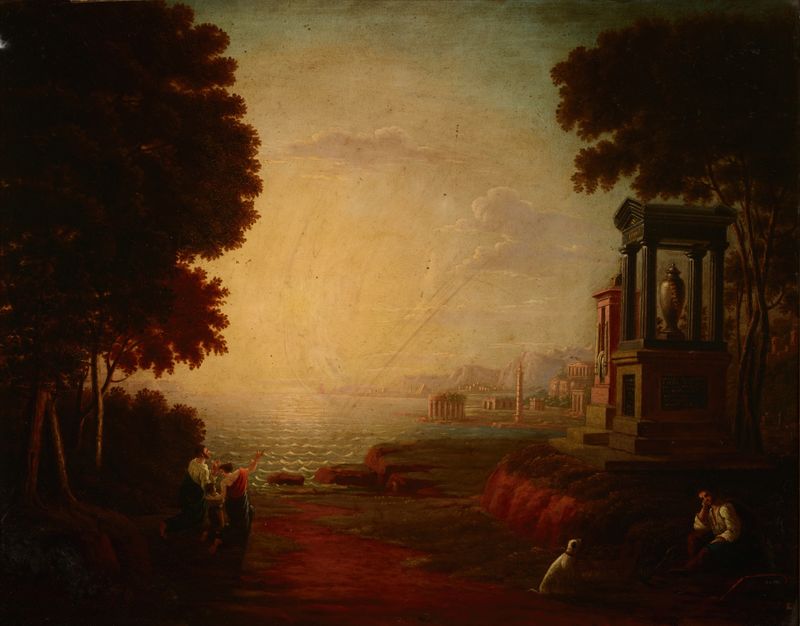 Paisaje con una Bahía Marítima y Edificios Antiguos de Jan Wolański, pintura al óleo que representa naturaleza y arquitect...
