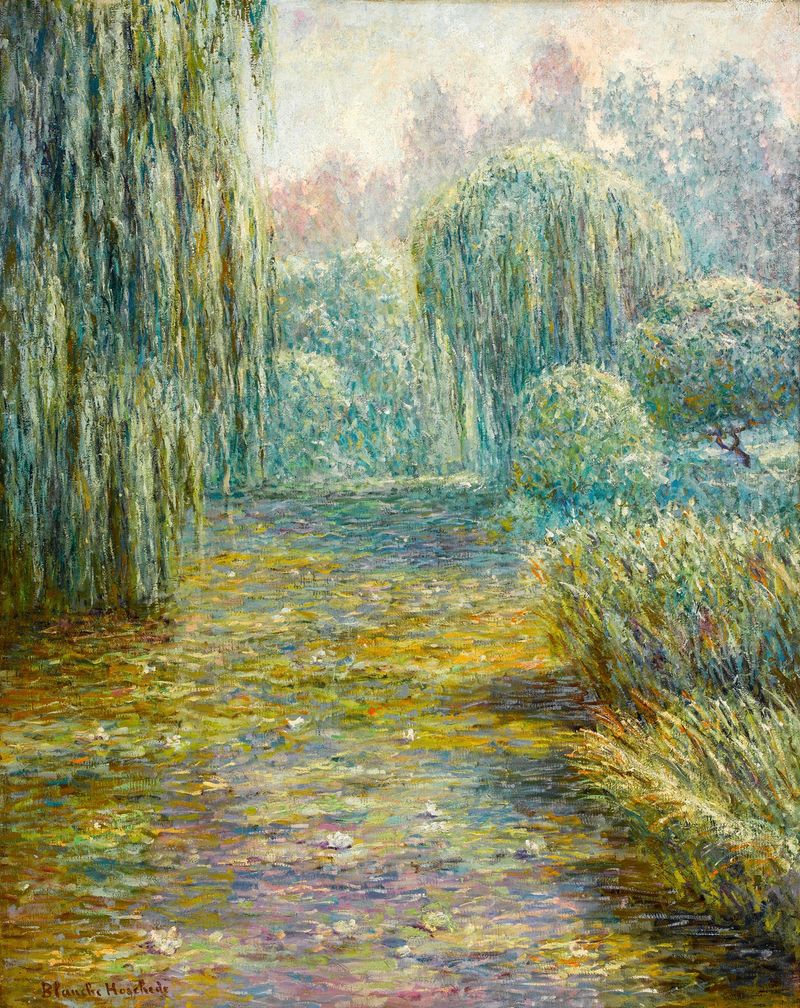 Oil painting by Blanche Hoschedé-Monet depicting a tranquil garden with flowers.