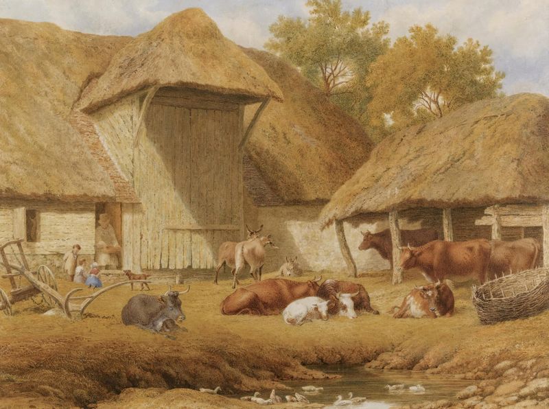 Cattle resting beside farm buildings, oil painting by Robert Hills