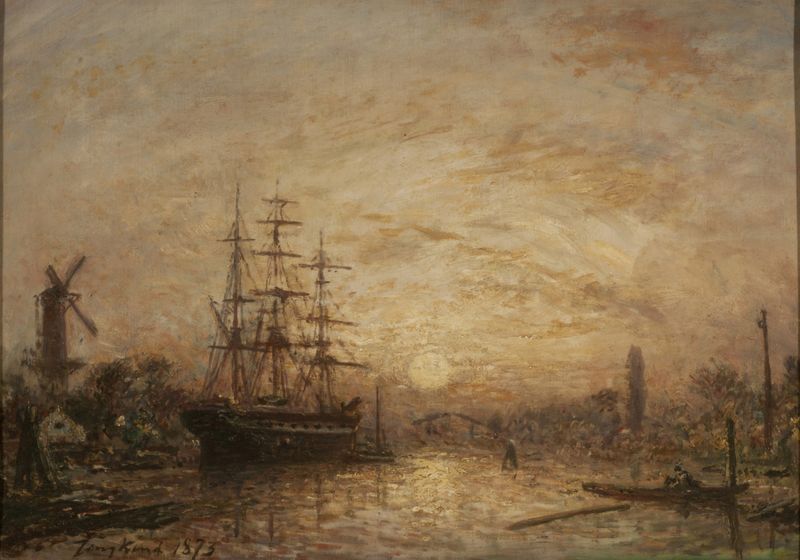 Paisaje que representa un atardecer sobre el agua, óleo de Johan Barthold Jongkind