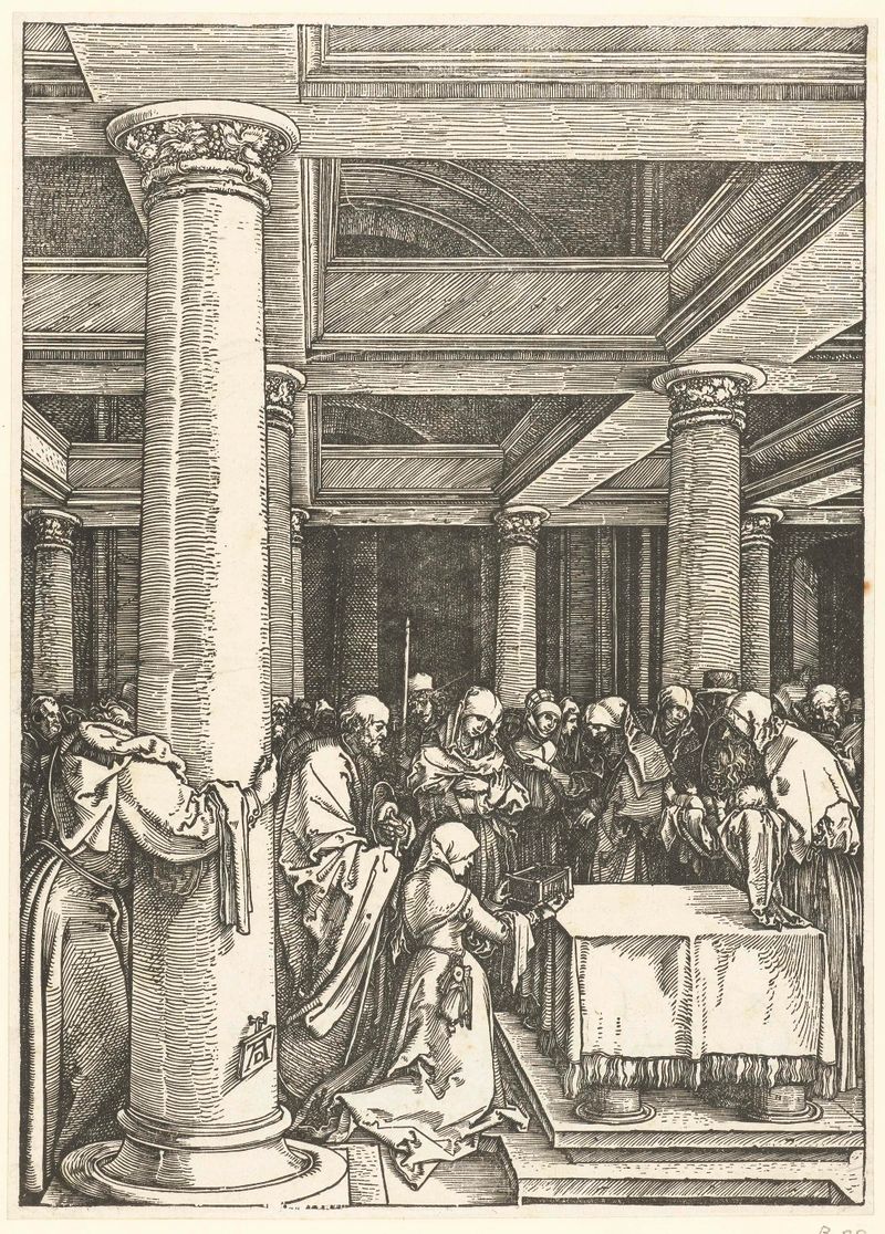 Presentatie van Christus in de tempel de Albrecht Dürer, medio papel, muestra a María sosteniendo al niño Cristo.