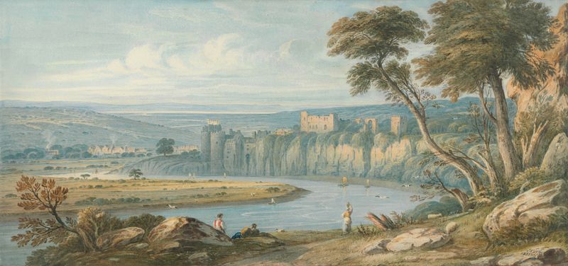 Chepstow Castle de John Varley, acuarela sobre papel que representa un paisaje brumoso con ruinas.