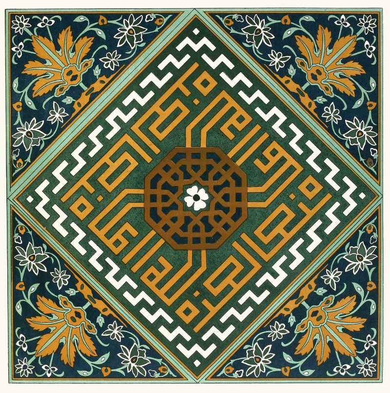 Ceramic ornamental tiles by Afghan Boundary Commission featuring intricate geometric patterns.