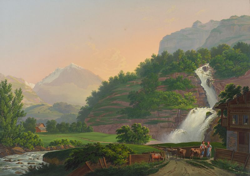Paisaje con un río en un valle, pintura al óleo de Johann Heinrich Bleuler the Younger.