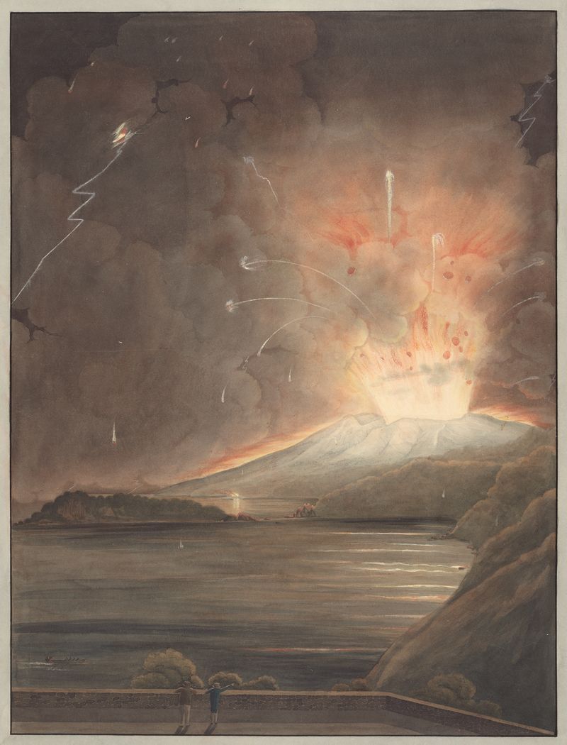 Paisagem que retrata a erupção de Morne Soufriere por Rev. Lansdown Guilding, meio desconhecido.