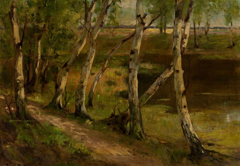 Birches at waterside, oil on canvas by Curt Agthe, featuring slender birch trees and a serene pond.