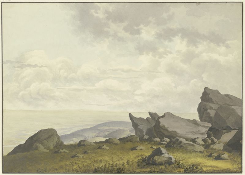 Landscape oil painting by Christian Georg Schütz the Younger featuring rocks and a valley