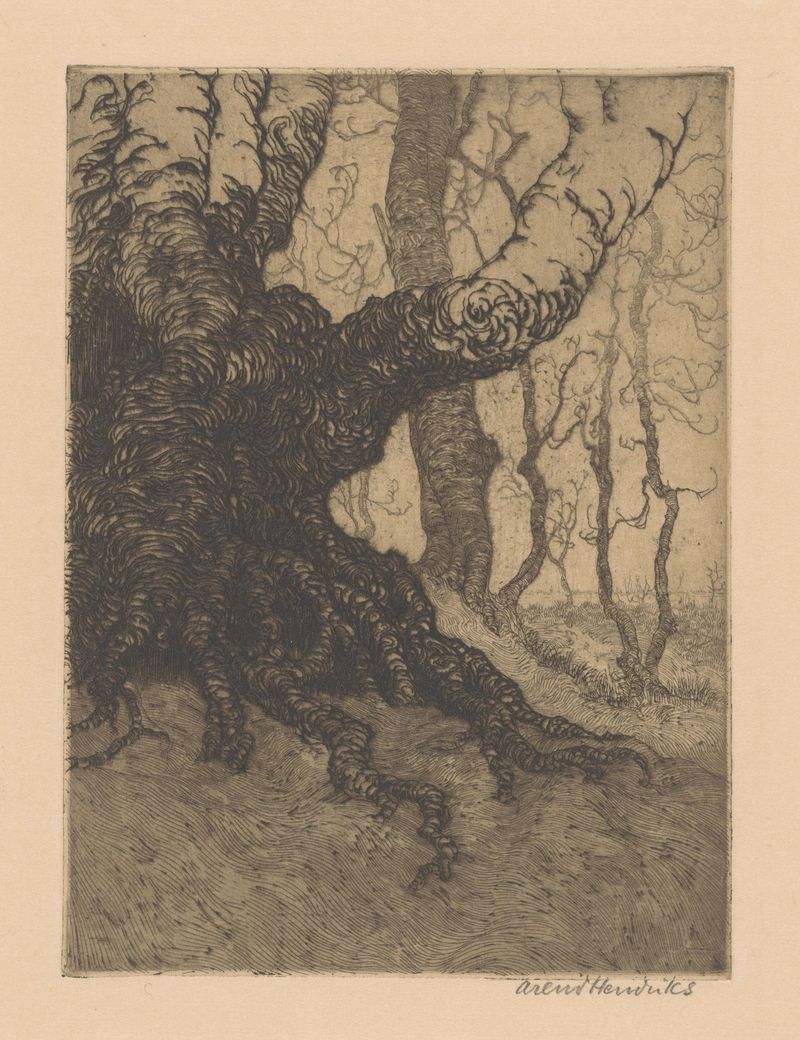 Expressionism landscape by Arend Hendriks featuring dark trees and a muted palette