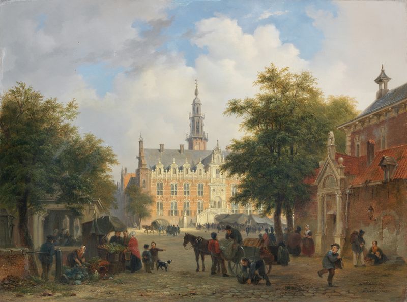Street scene in Amsterdam by Bartholomeus Johannes van Hove, oil on canvas