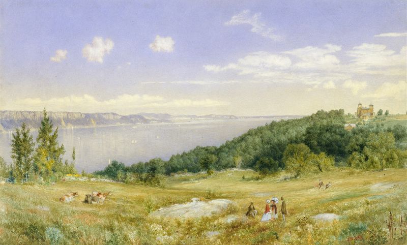 Paisaje de acantilados y horizonte por John William Hill, pintura al óleo