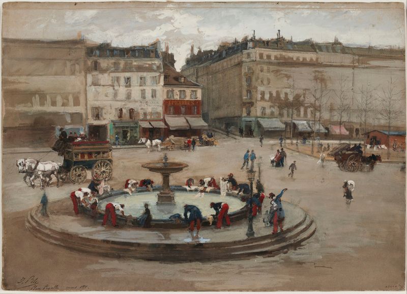 Genre scene of laundry flapping in the breeze, oil painting by Isidore Pils