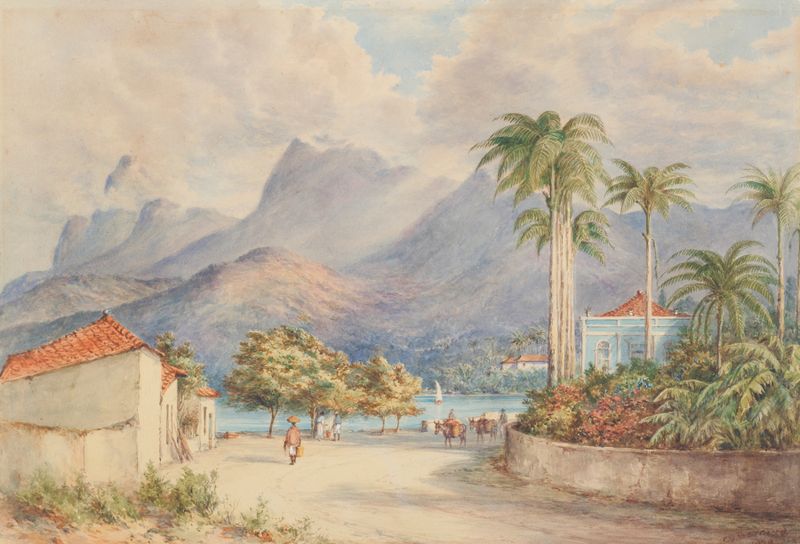 Rio de Janeiro by Charles Decimus Barraud, oil on canvas depicting lush greenery and tranquil water.