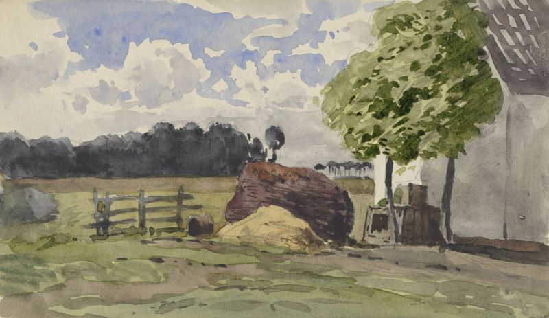 Paisagem com madeira empilhada para uma fazenda, pintura a óleo de Julius Jacobus van de Sande Bakhuyzen