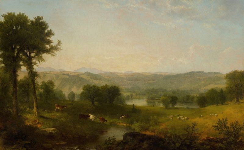 Paisagem com Vacas e Ovelhas de Asher Brown Durand, pintura a óleo mostrando vacas e ovelhas em um campo.