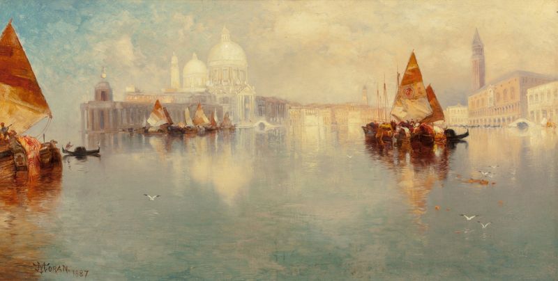 Venecia de Thomas Moran, pintura al óleo que muestra vibrantes reflejos en el agua y colores de atardecer