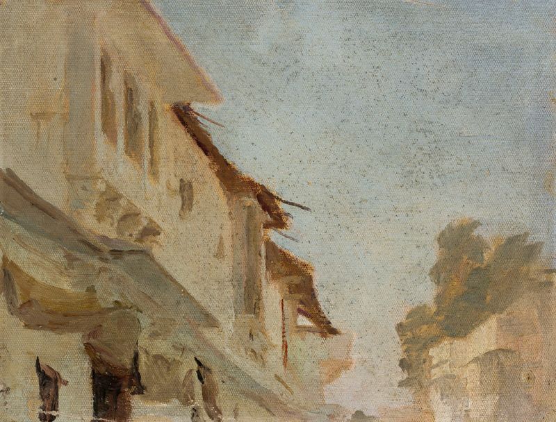 Udaipur – casas, aquarela sobre papel de Jan Ciągliński, retratando casas à beira de um lago sereno.