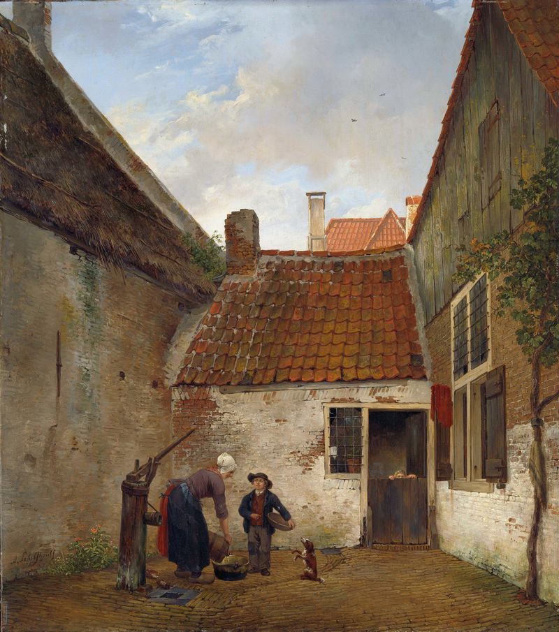 Inner Courtyard de Andreas Schelfhout, pintura a óleo que retrata um espaço arquitetônico com natureza.