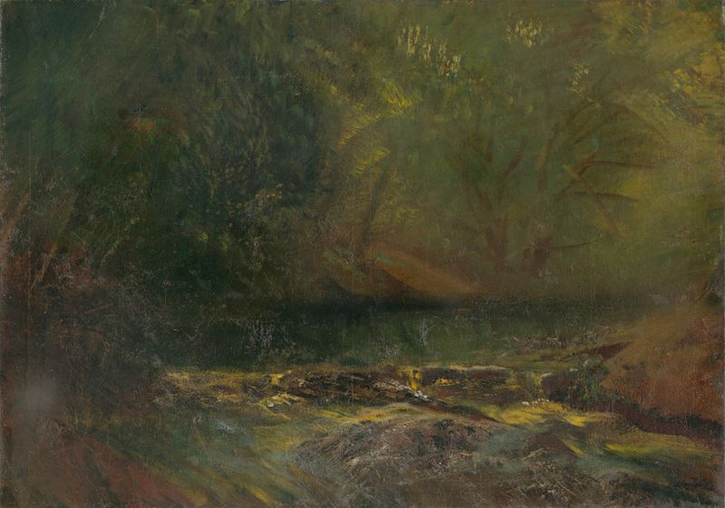 Forest Interior with a Brook, pintura al óleo de Ladislav Mednyánszky, que representa un paisaje tranquilo con un arroyo.