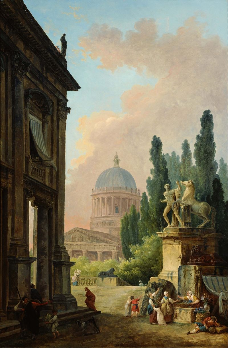 Paisaje con el Domador de Caballos de Monte Cavallo por Hubert Robert, pintura al óleo