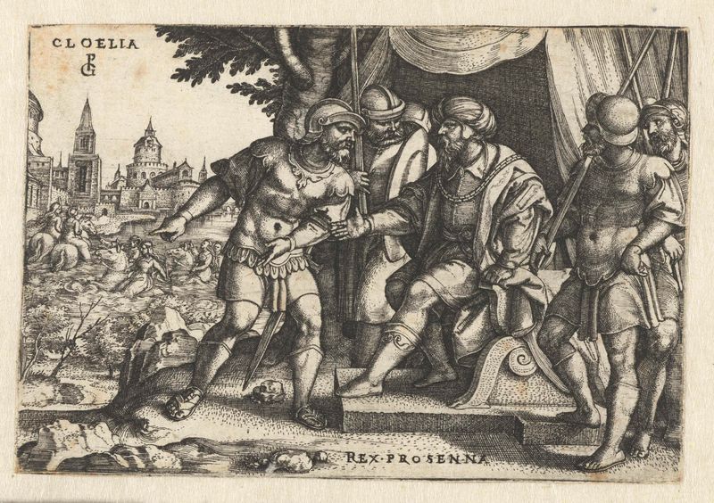Grabado histórico de Georg Pencz que representa figuras en tonos tierra apagados