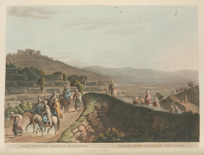 Ruins between Ramah and Jerusalem by Luigi Mayer, depicting a landscape with ruins and greenery, unknown medium.