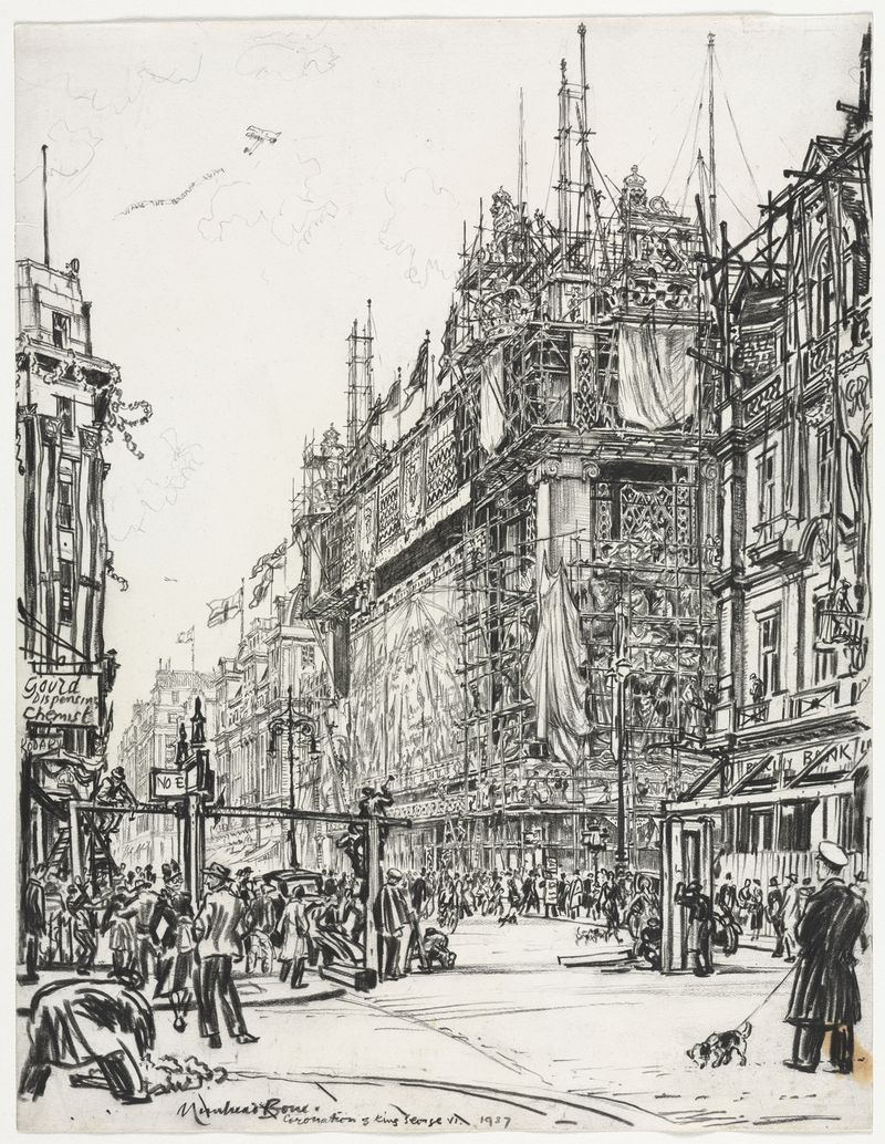 Grabado de Muirhead Bone que muestra una celebración en Selfridges, Oxford Street en 1937.