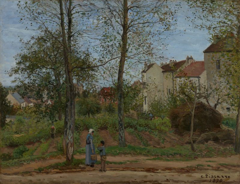 Landscape at Louveciennes de Camille Pissarro, óleo sobre lienzo que representa suaves colinas y un cielo azul.