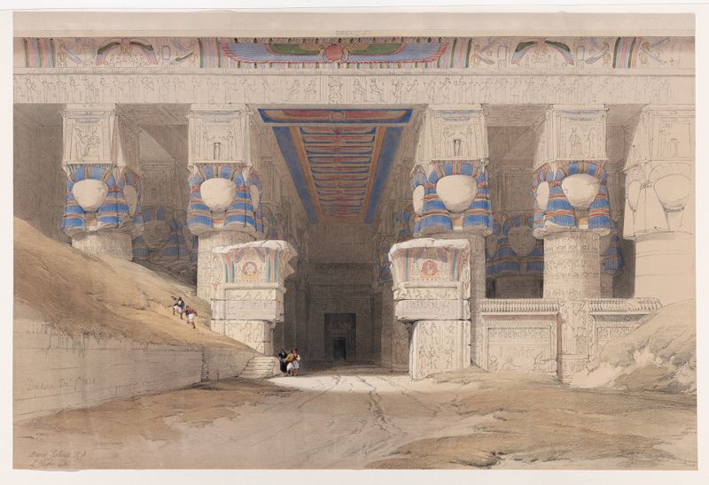 Arquitectura de Dendera por David Roberts, 1846-1849, representando ruinas antiguas en tonos cálidos.