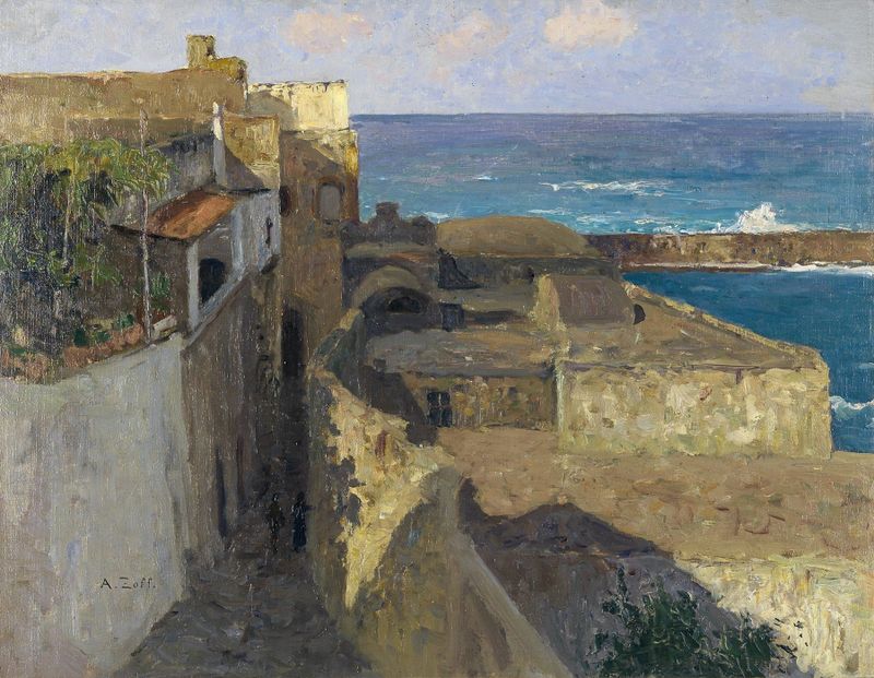 Enge Gasse in Forio de Alfred Zoff, óleo sobre lienzo que muestra una calle estrecha con luz suave