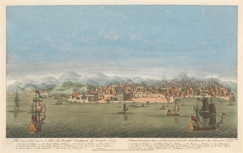 Representación histórica de Lisboa antes del terremoto de 1755 por John Couse, medio desconocido