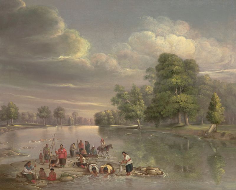 Landscape depicting a river at dusk with figures, by George Winter, oil painting