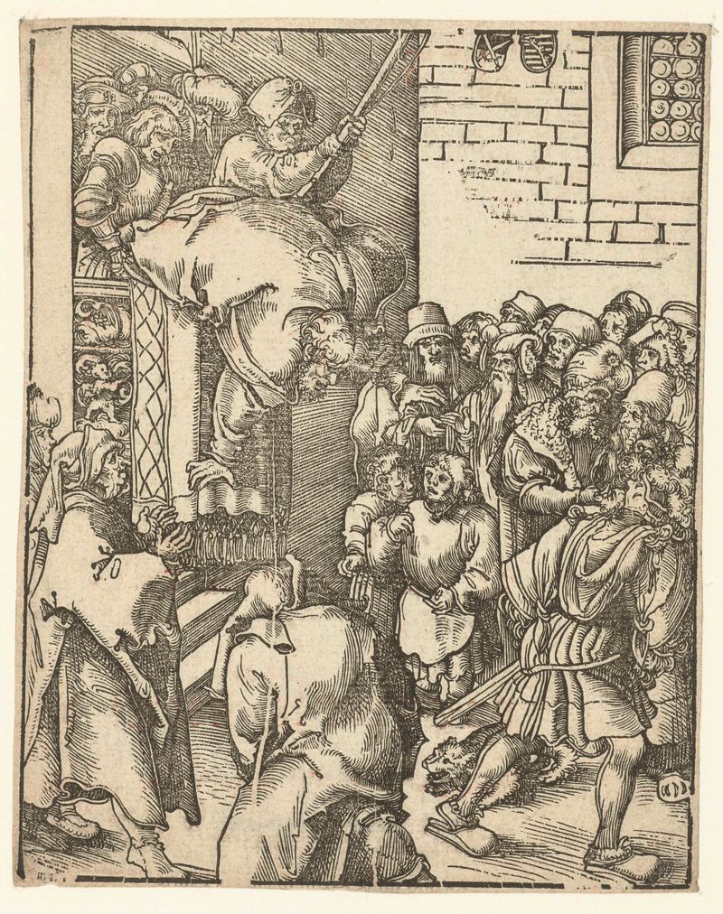 Cena religiosa representando Jakobus em tons sombrios, papel de Lucas Cranach