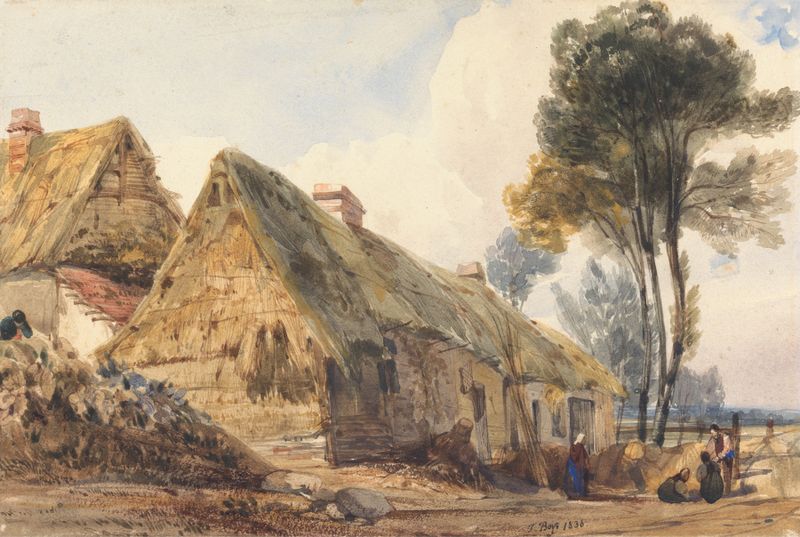Pintura a óleo de paisagem de Thomas Shotter Boys com árvores e céu azul.