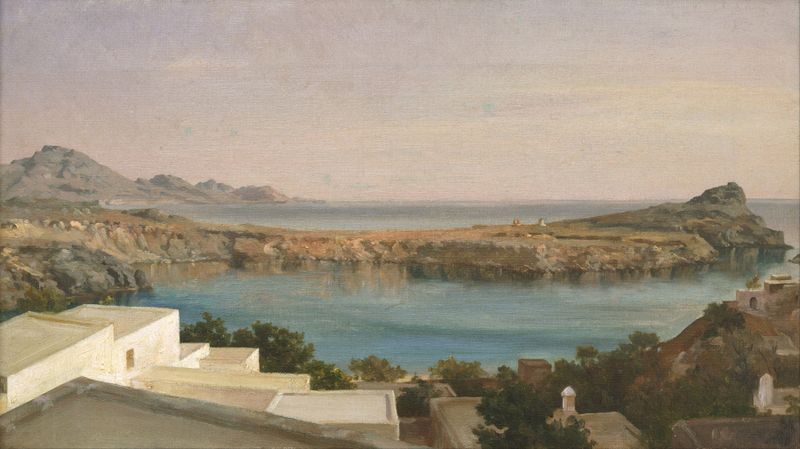 Lindos, Rhodes by Frederic Leighton, oil on canvas depicting architecture against hills and sea.