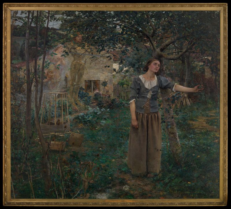 Pintura histórica de Joan de Arco de Jules Bastien-Lepage, mostrando su armadura y determinación.